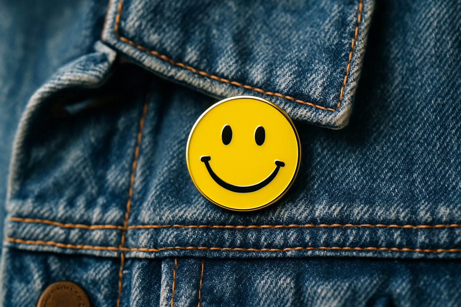 smiley face enamel pin on denim jacket portrait length