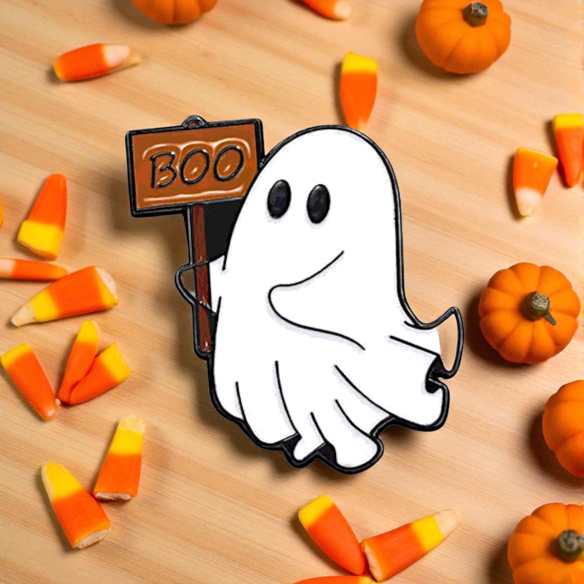 Ghost pin with 'BOO' sign 